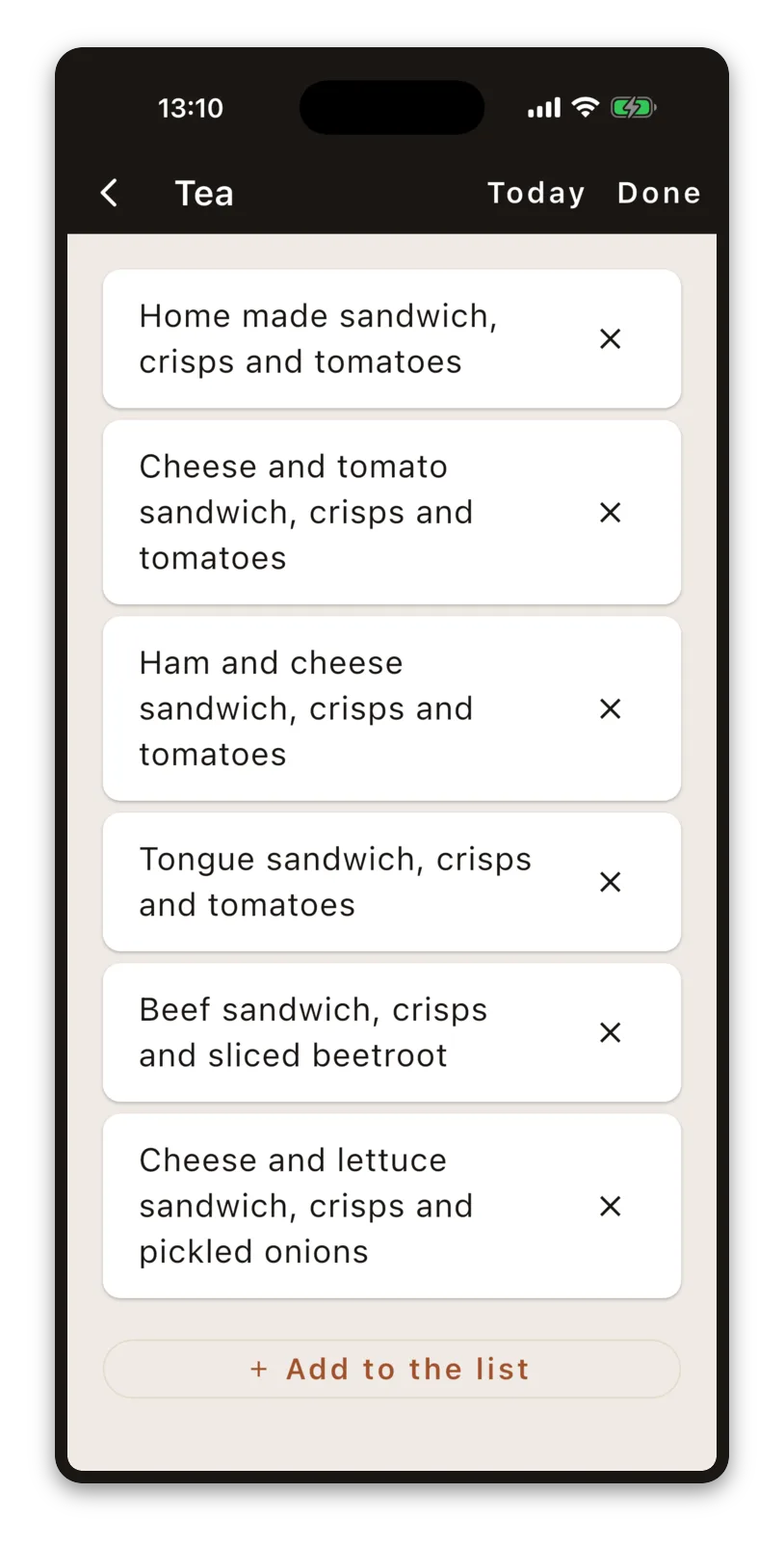 Settings in Daysome - Meal list for Tea