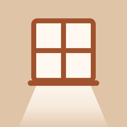A warm cream app icon showing a four-pane window in sienna brown, with morning light falling through it and pooling on the floor below.