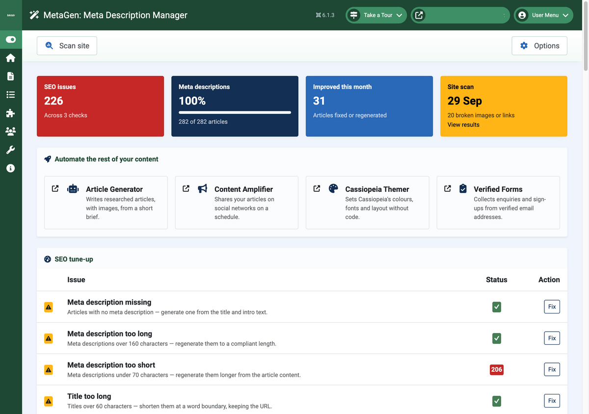 MetaGen dashboard: SEO issues, meta description coverage, articles improved this month and the last site scan