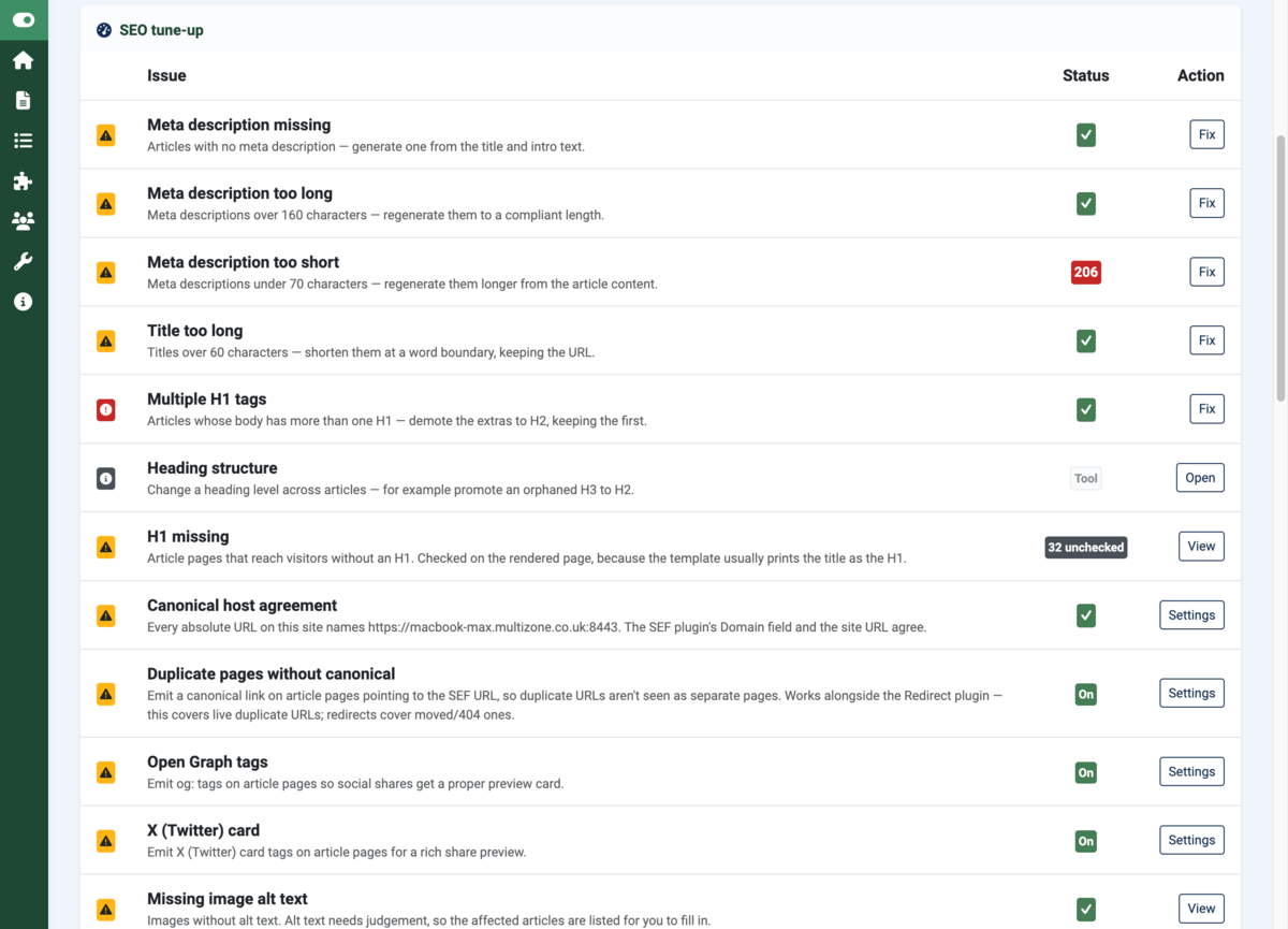 SEO tune-up: every issue with a count of the affected articles and a one-click fix or report