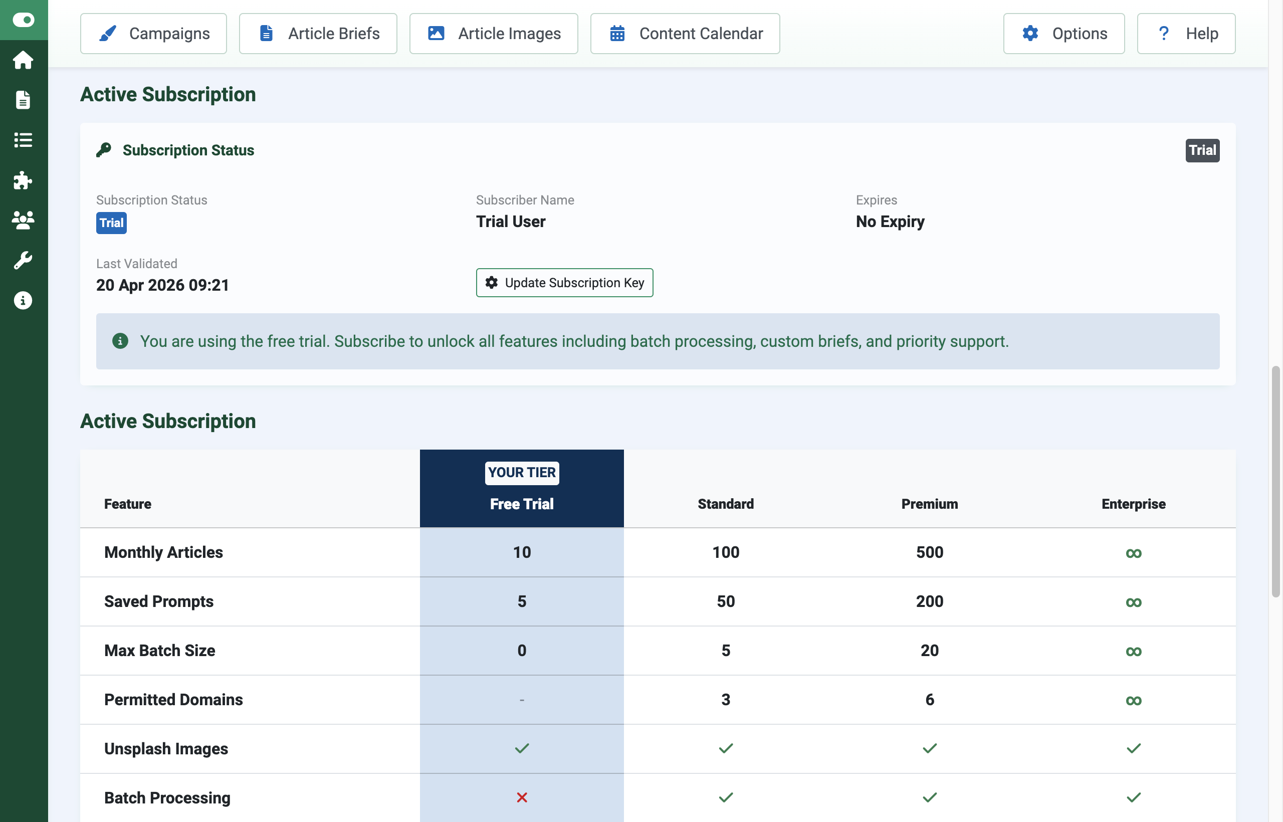 Dashboard with Active Subscription panel showing tier + expiry