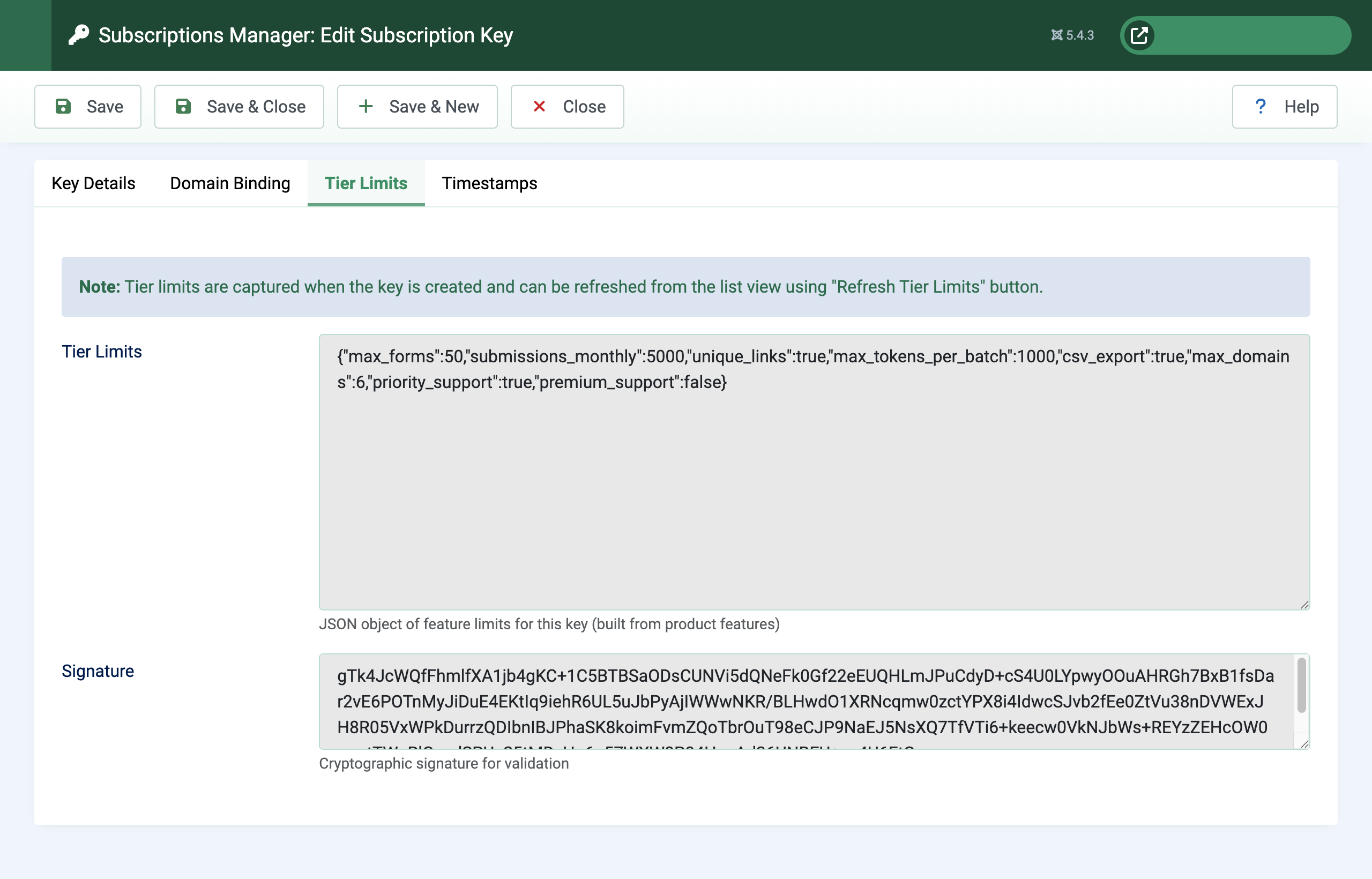 Admin subscription key edit view showing the baked-in tier_limits JSON and signature fields