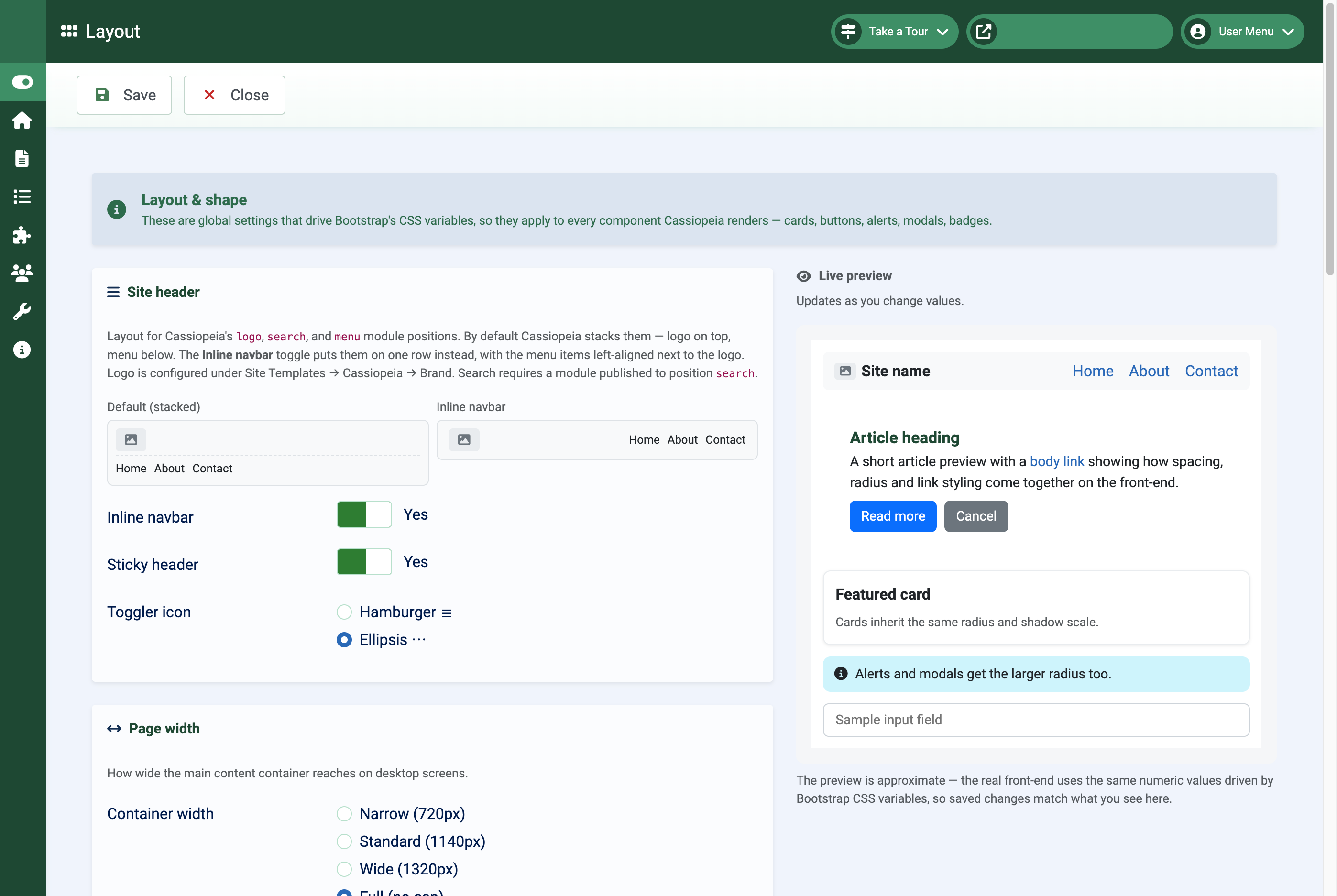 Cassiopeia Themer for Joomla - Layout and Shape